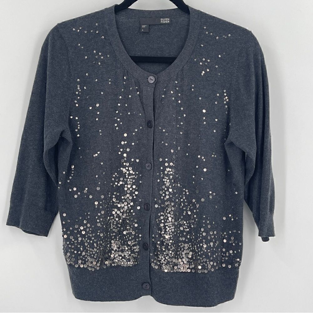 Eileen Fisher Gray Cashmere Blend Button-Up Cardigan W/ Sequins